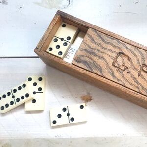 1950s Bakelite dominoes set in oak wood box